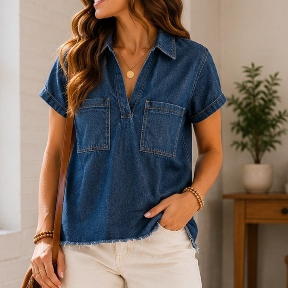 H&M Divided Womens Blue Denim Short Sleeve V-Neck Tunic Top Raw Hem Medium